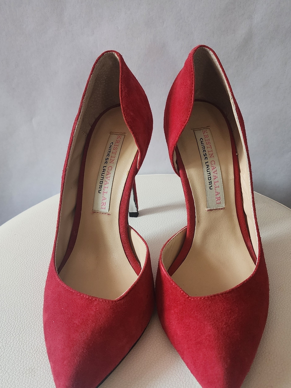 Red Suede Pointed-Toe Pumps by Kristina Cavallarí